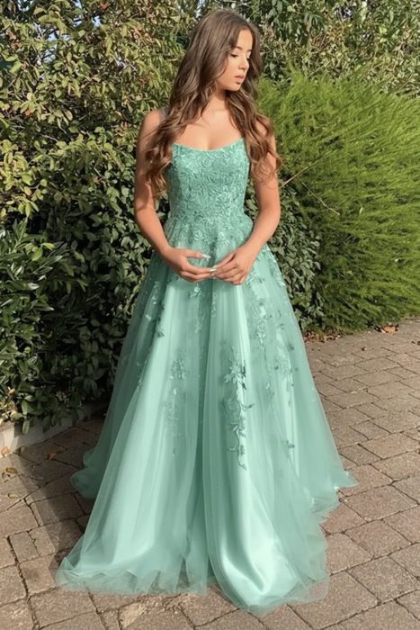 Jade Stylish Lace Long Prom Dress with Spaghetti Straps
