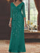 V-Neck 3/4 Sleeve Floor-Length Sequined Mother of the Bride Sheath Dress