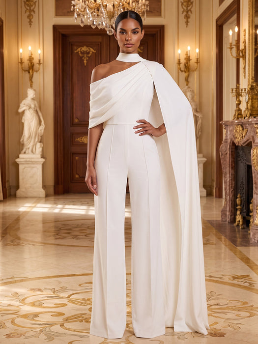Jersey Jumpsuit Asymmetric Neck Long Evening Jumpsuit with Sash