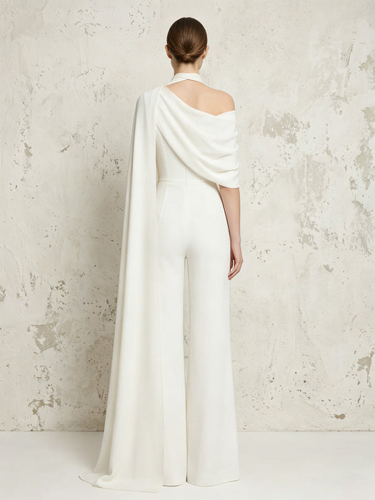 Jersey Jumpsuit Asymmetric Neck Long Evening Jumpsuit with Sash