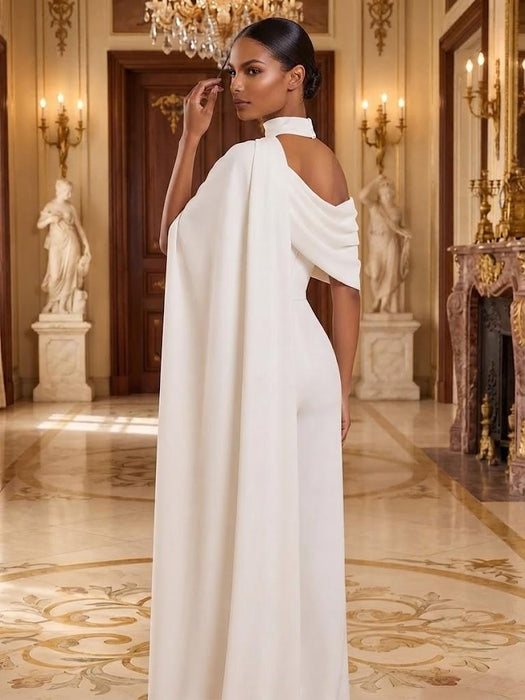 Jersey Jumpsuit Asymmetric Neck Long Evening Jumpsuit with Sash