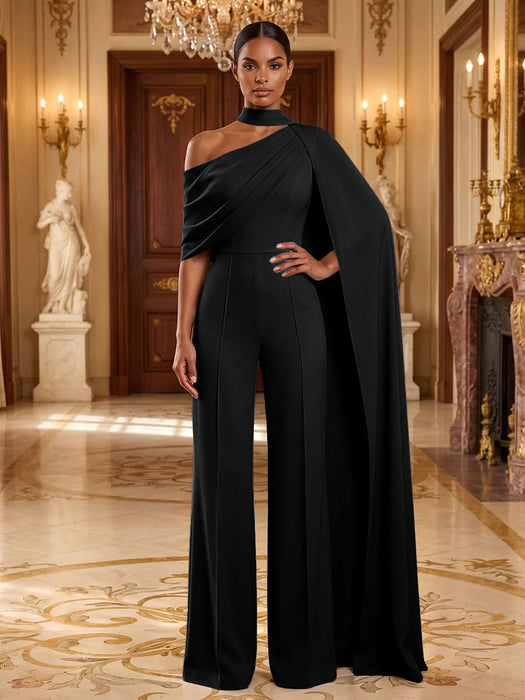 Black Jersey Jumpsuit Asymmetric Neck Long Evening Jumpsuit with Sash