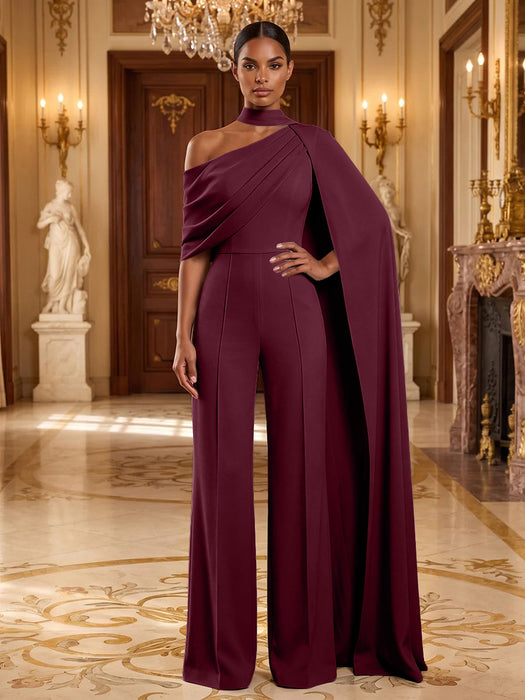 Burgundy Jersey Jumpsuit Asymmetric Neck Long Evening Jumpsuit with Sash