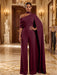 Burgundy Jersey Jumpsuit Asymmetric Neck Long Evening Jumpsuit with Sash