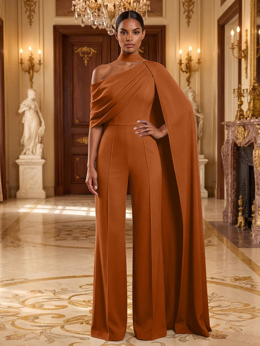 Burnt Orange Jersey Jumpsuit Asymmetric Neck Long Evening Jumpsuit with Sash