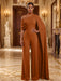 Burnt Orange Jersey Jumpsuit Asymmetric Neck Long Evening Jumpsuit with Sash