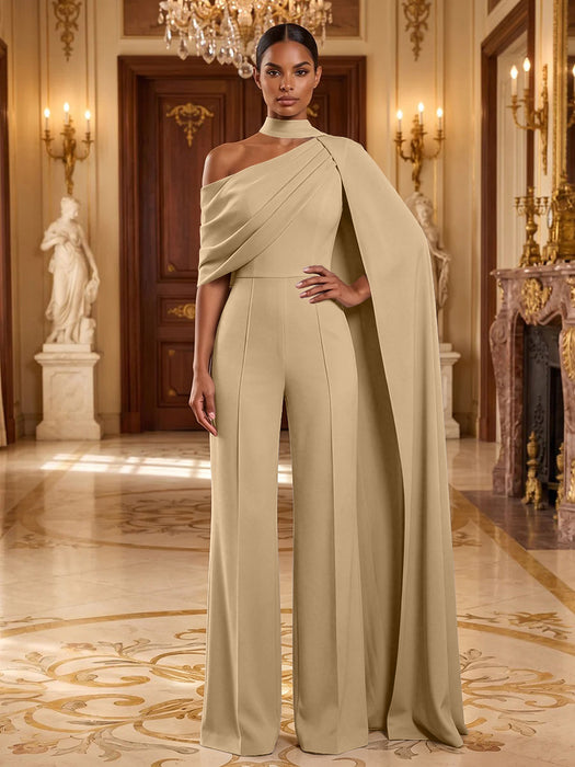 Champagne Jersey Jumpsuit Asymmetric Neck Long Evening Jumpsuit with Sash