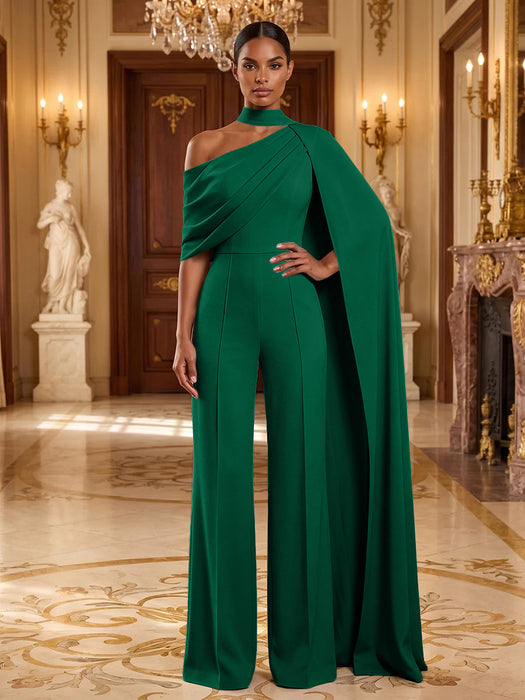 Dark Green Jersey Jumpsuit Asymmetric Neck Long Evening Jumpsuit with Sash