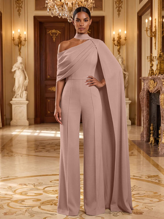 Dusty Rose Jersey Jumpsuit Asymmetric Neck Long Evening Jumpsuit with Sash