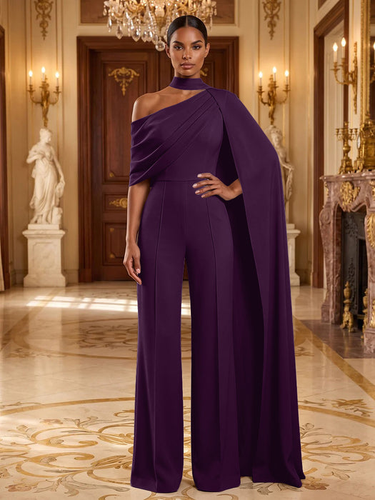 Fuchsia Jersey Jumpsuit Asymmetric Neck Long Evening Jumpsuit with Sash