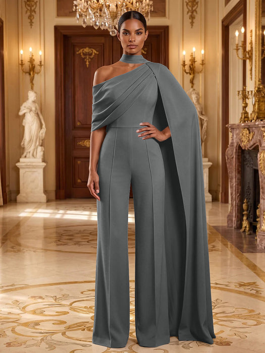 Gray Jersey Jumpsuit Asymmetric Neck Long Evening Jumpsuit with Sash