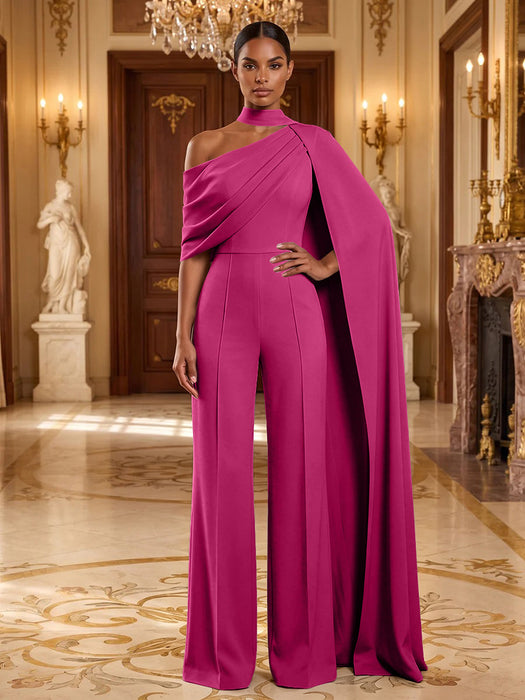 Hot Pink Jersey Jumpsuit Asymmetric Neck Long Evening Jumpsuit with Sash