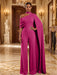 Hot Pink Jersey Jumpsuit Asymmetric Neck Long Evening Jumpsuit with Sash