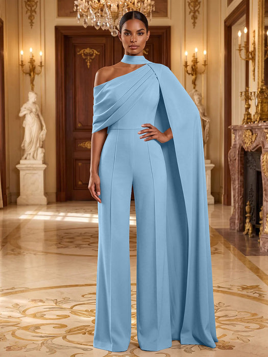 Light Blue Jersey Jumpsuit Asymmetric Neck Long Evening Jumpsuit with Sash