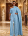 Light Blue Jersey Jumpsuit Asymmetric Neck Long Evening Jumpsuit with Sash