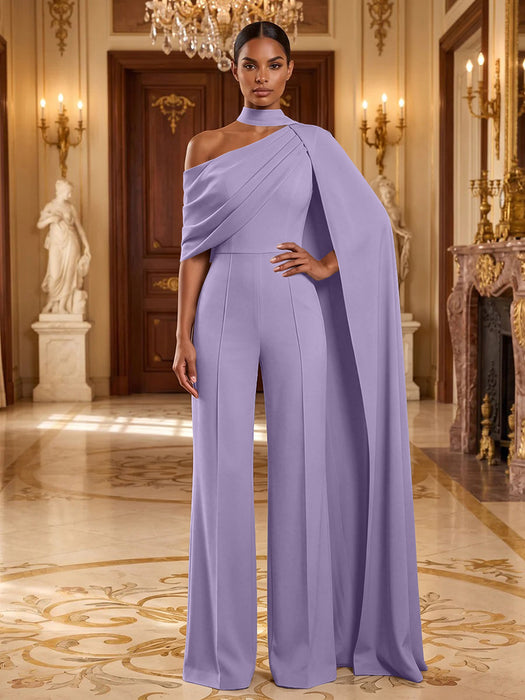 Lilac Jersey Jumpsuit Asymmetric Neck Long Evening Jumpsuit with Sash
