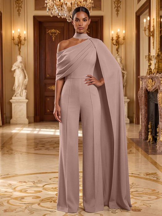 Mauve Jersey Jumpsuit Asymmetric Neck Long Evening Jumpsuit with Sash