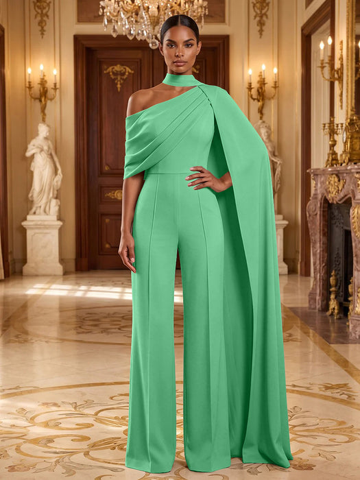 Mint Jersey Jumpsuit Asymmetric Neck Long Evening Jumpsuit with Sash