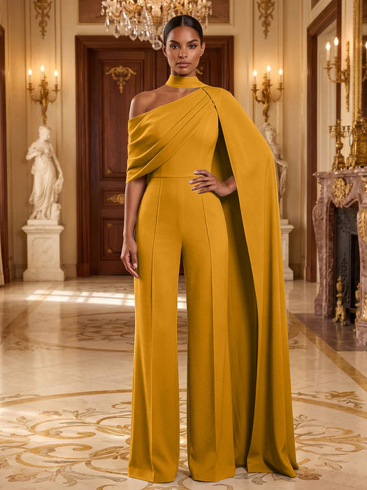 Mustard Yellow Jersey Jumpsuit Asymmetric Neck Long Evening Jumpsuit with Sash
