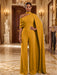 Mustard Yellow Jersey Jumpsuit Asymmetric Neck Long Evening Jumpsuit with Sash