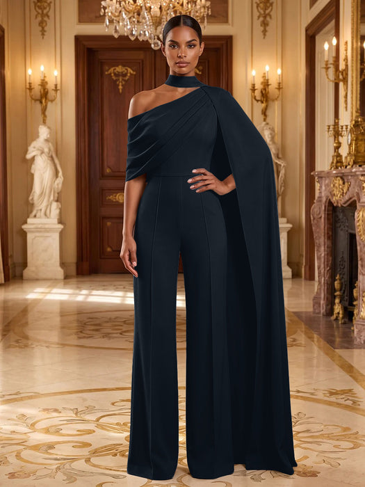 Navy Blue Jersey Jumpsuit Asymmetric Neck Long Evening Jumpsuit with Sash