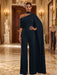 Navy Blue Jersey Jumpsuit Asymmetric Neck Long Evening Jumpsuit with Sash