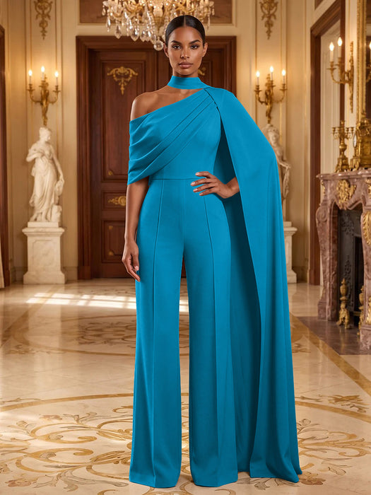 Ocean Blue Jersey Jumpsuit Asymmetric Neck Long Evening Jumpsuit with Sash
