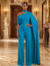 Ocean Blue Jersey Jumpsuit Asymmetric Neck Long Evening Jumpsuit with Sash