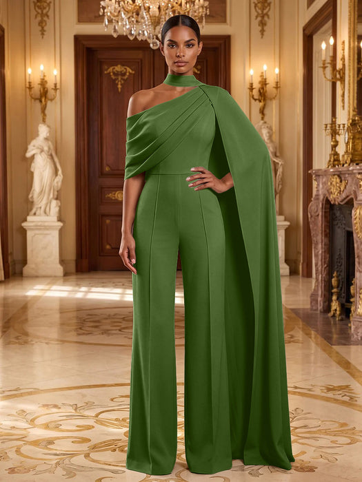 Olive Green Jersey Jumpsuit Asymmetric Neck Long Evening Jumpsuit with Sash