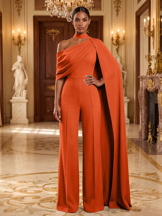 Orange Jersey Jumpsuit Asymmetric Neck Long Evening Jumpsuit with Sash