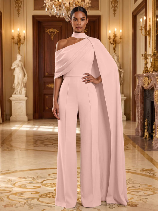 Pink Jersey Jumpsuit Asymmetric Neck Long Evening Jumpsuit with Sash