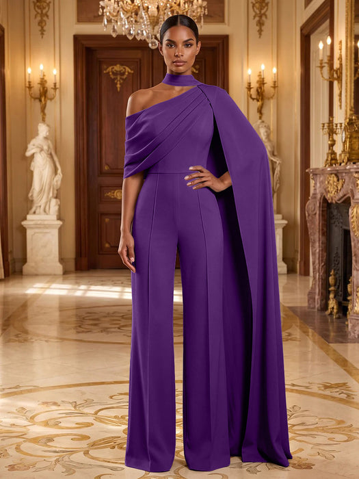 Purple Jersey Jumpsuit Asymmetric Neck Long Evening Jumpsuit with Sash