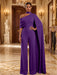 Purple Jersey Jumpsuit Asymmetric Neck Long Evening Jumpsuit with Sash