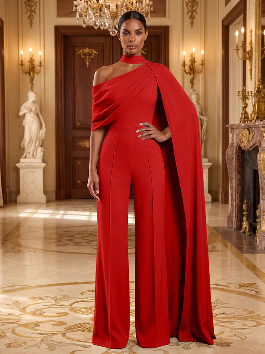 Red Jersey Jumpsuit Asymmetric Neck Long Evening Jumpsuit with Sash