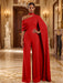 Red Jersey Jumpsuit Asymmetric Neck Long Evening Jumpsuit with Sash