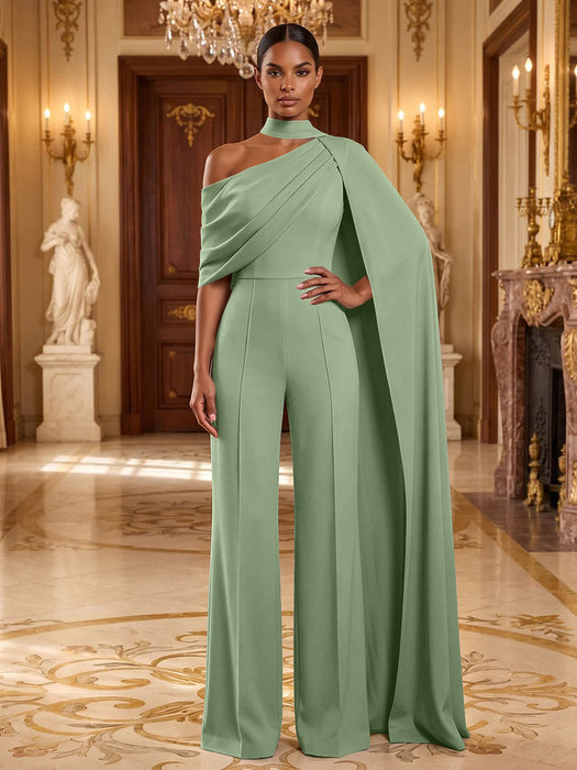 Sage Jersey Jumpsuit Asymmetric Neck Long Evening Jumpsuit with Sash