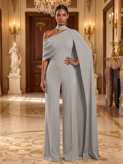 Silver Jersey Jumpsuit Asymmetric Neck Long Evening Jumpsuit with Sash
