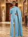 Sky Blue Jersey Jumpsuit Asymmetric Neck Long Evening Jumpsuit with Sash
