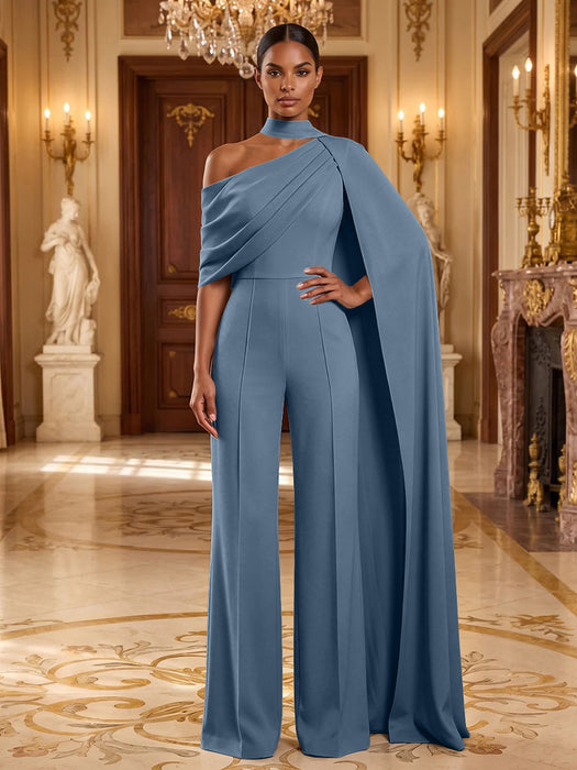 Steel Blue Jersey Jumpsuit Asymmetric Neck Long Evening Jumpsuit with Sash