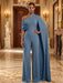 Steel Blue Jersey Jumpsuit Asymmetric Neck Long Evening Jumpsuit with Sash