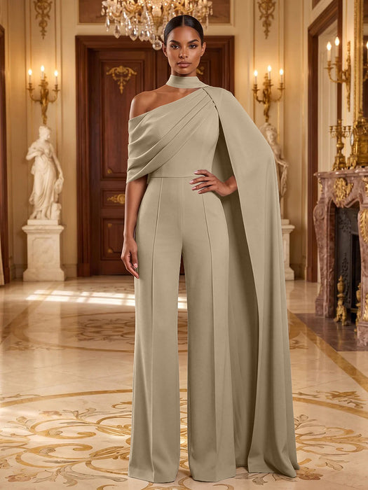 Taupe Jersey Jumpsuit Asymmetric Neck Long Evening Jumpsuit with Sash