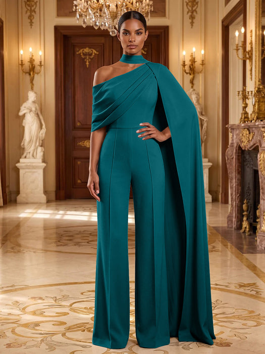 Teal Jersey Jumpsuit Asymmetric Neck Long Evening Jumpsuit with Sash
