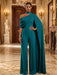 Teal Jersey Jumpsuit Asymmetric Neck Long Evening Jumpsuit with Sash