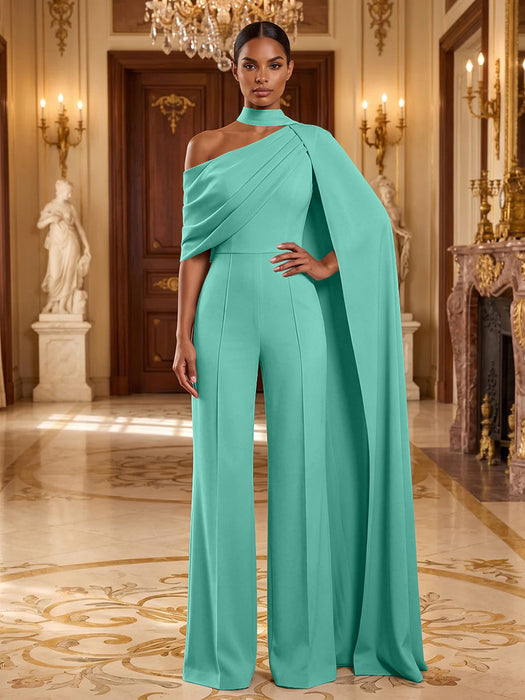 Turquoise Jersey Jumpsuit Asymmetric Neck Long Evening Jumpsuit with Sash