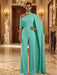 Turquoise Jersey Jumpsuit Asymmetric Neck Long Evening Jumpsuit with Sash