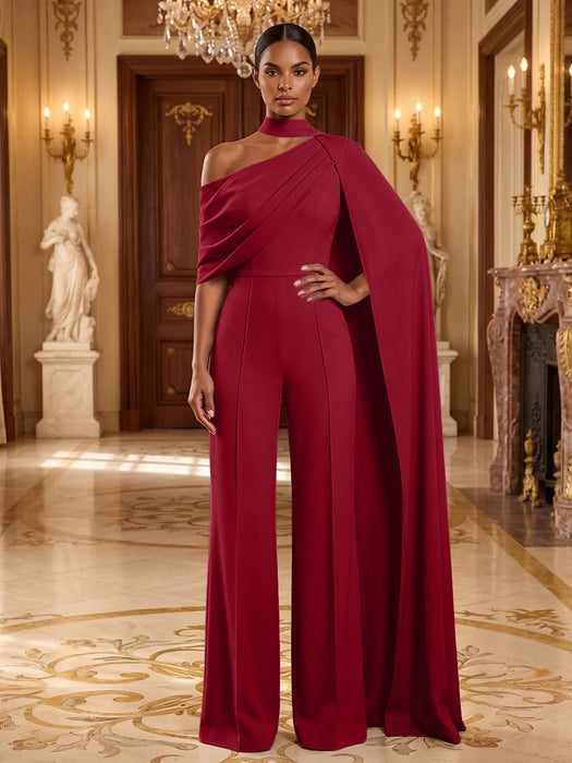 Wine Red Jersey Jumpsuit Asymmetric Neck Long Evening Jumpsuit with Sash