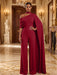 Wine Red Jersey Jumpsuit Asymmetric Neck Long Evening Jumpsuit with Sash