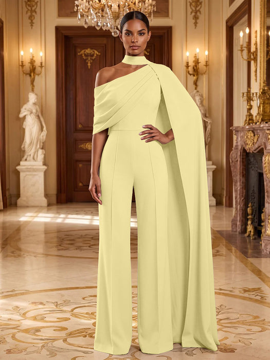 Yellow Jersey Jumpsuit Asymmetric Neck Long Evening Jumpsuit with Sash