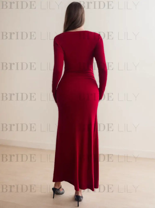 Back view of the red jersey maxi dress with long sleeves