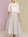 Tea-Length Mother of the Bride A-Line Dress with Jewel Neckline Half Sleeves Pleats and Pockets